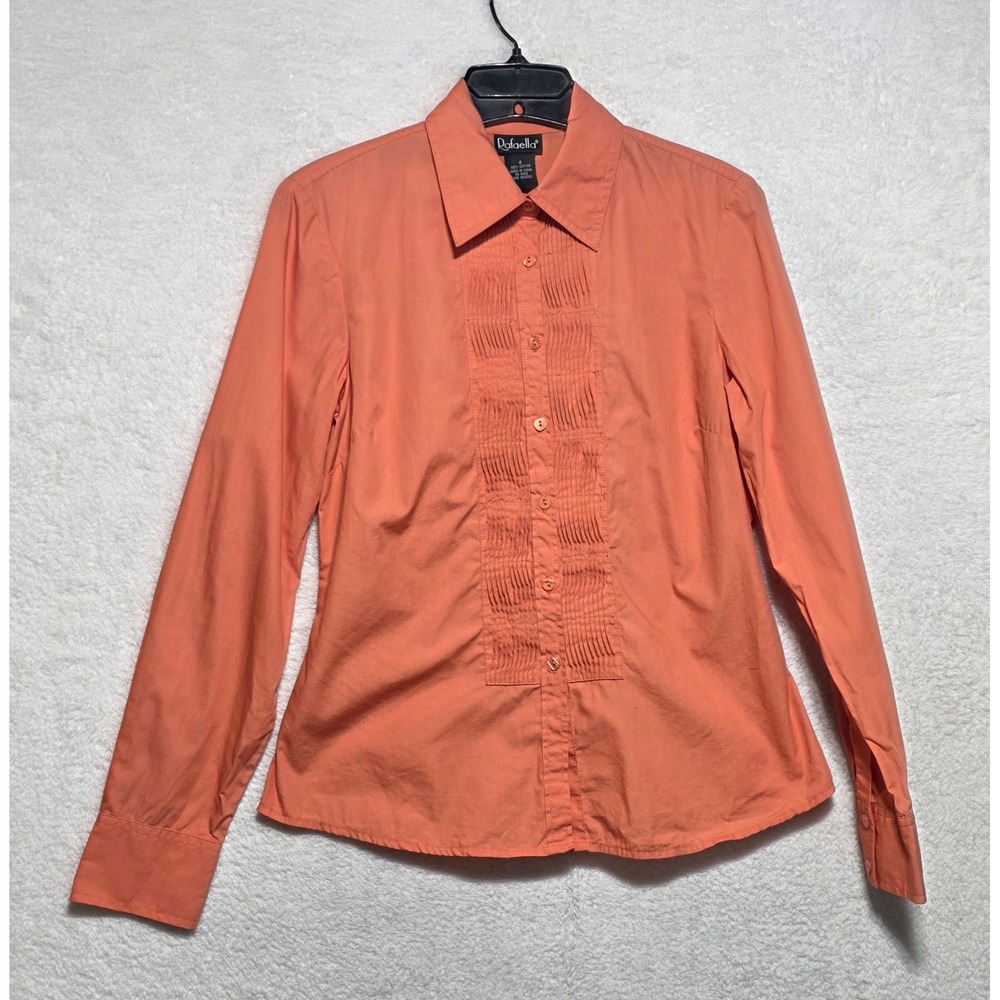 Rafaella Women's Coral Orange Pleated Tuxedo Bib Button Up Shirt Cotton Size 4